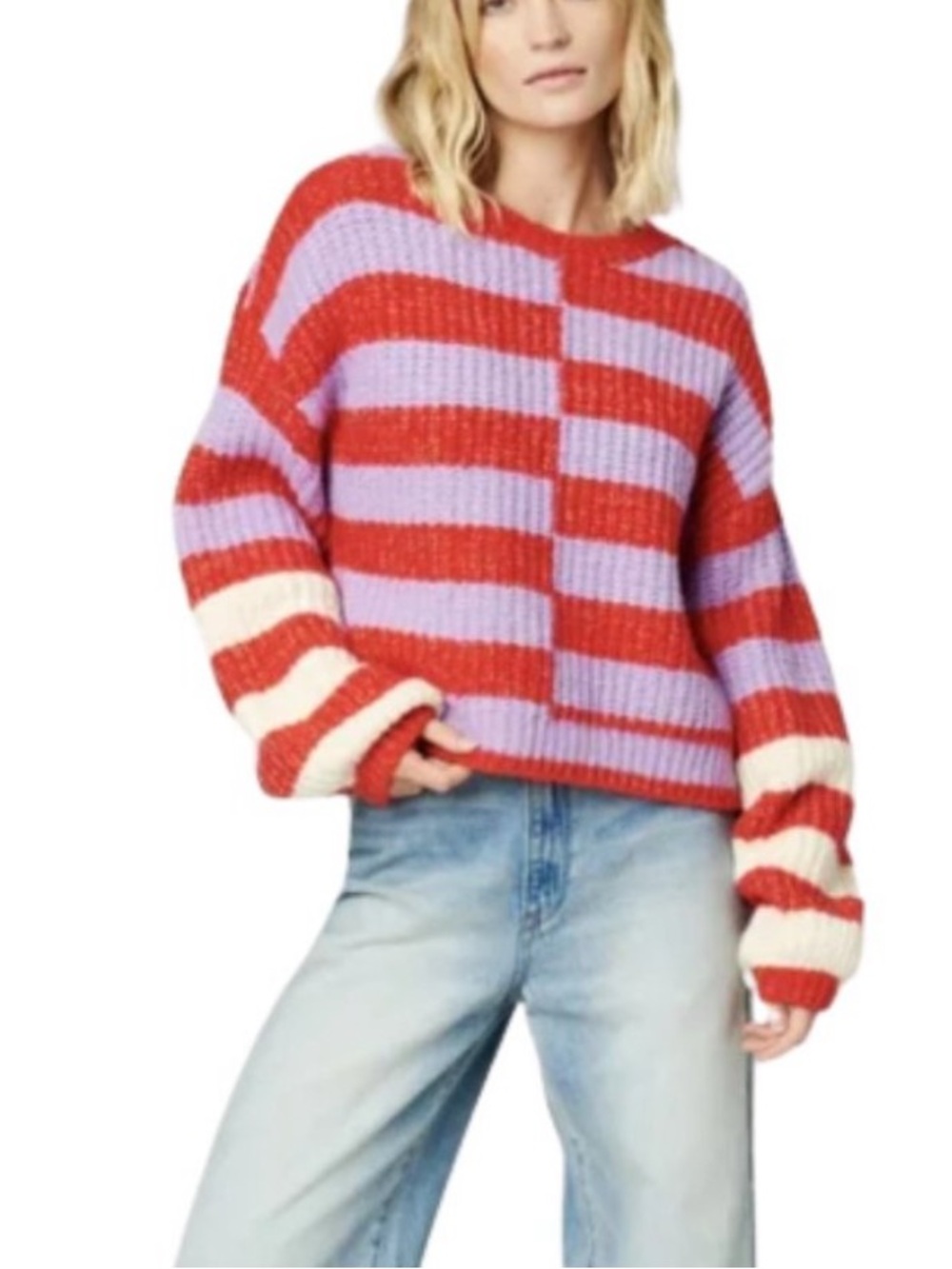 Blank NYC Good Mood Red and Lavender Striped Knit Wool Blend Oversized Sweater